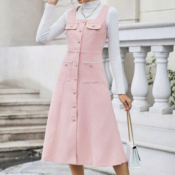 Flap Pocket Button Front Midi Dress Pink - Picture 2 of 6